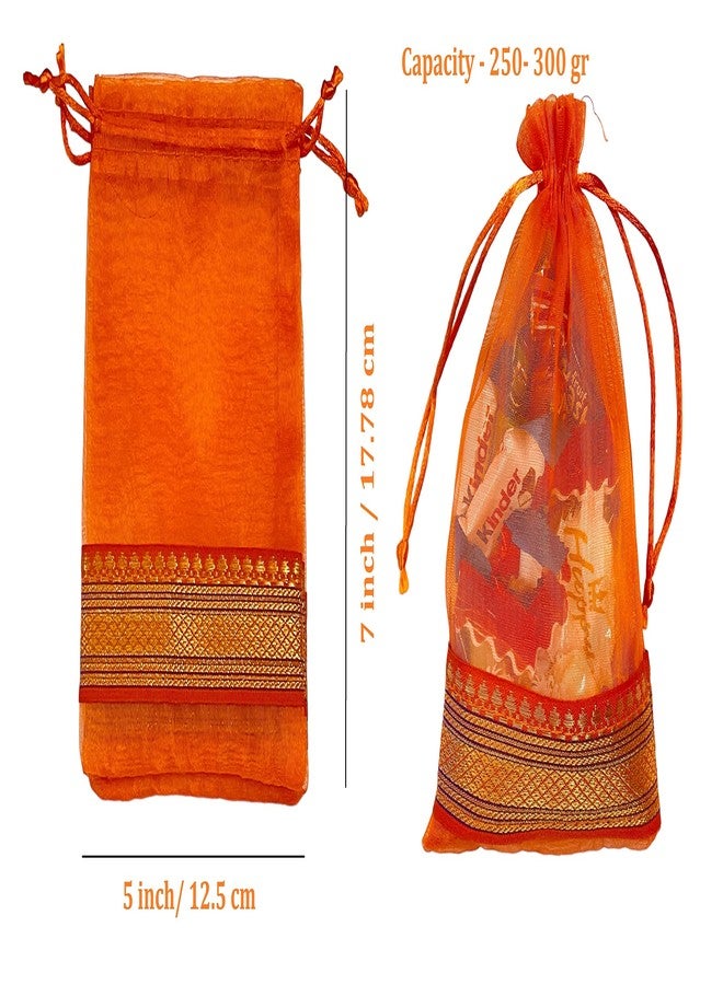 Kriwin Silk Potli Bags with Drawstring, 18 x 12 cm, Pack of 10, for Gifting and Storage (Orange) - Image 4