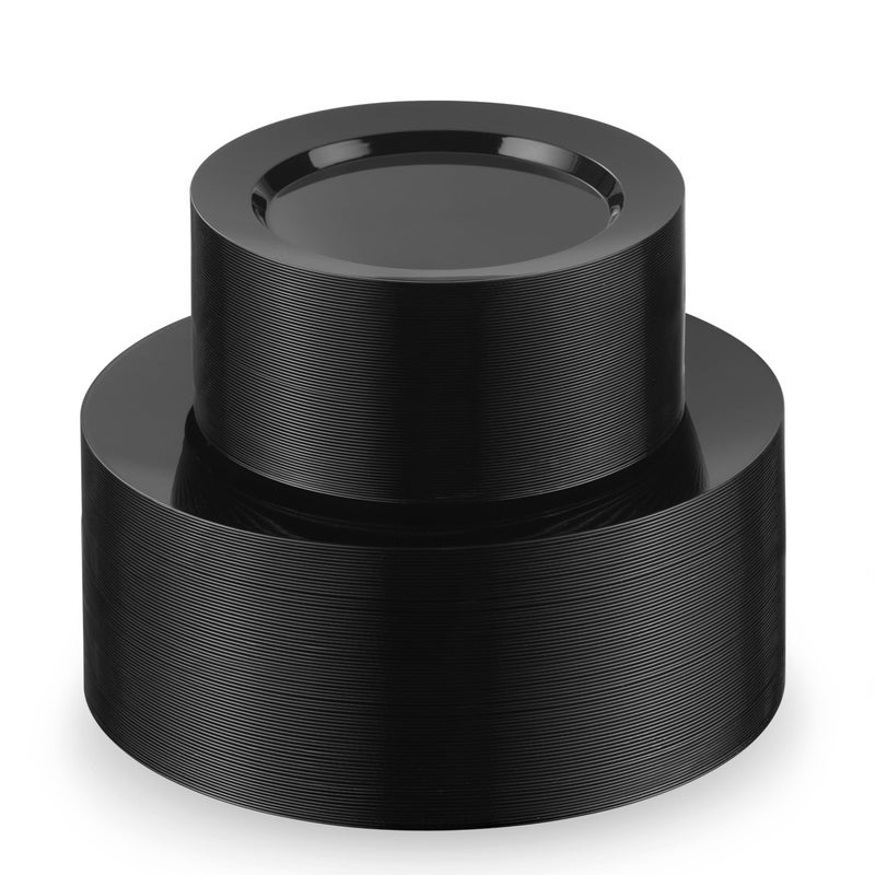 Munfix 100 Black Plastic Plates Set  50 Pcs 10 Inch Plastic Dinner Plates and 50 Pcs 7 Inch Plastic Dessert Plates  Elegant Fancy Heavy Duty Disposable Plates for Party  Wedding  Black - Image 1