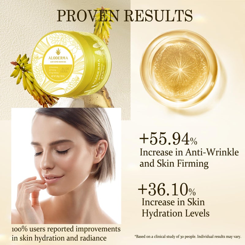 Aloderma جل زهرة الألوة مع أوراق الذهب 24 قيراط من ألوديرما، مصنوع خلال 12 ساعة من الحصاد - جل ألوة فاخر مع الألانطوين وحمض الهيالورونيك لبشرة متألقة ولامعة وشابة، 7 أونصات - Image 4