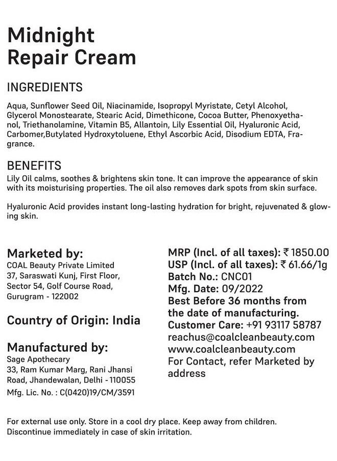 COAL CLEAN BEAUTY - Midnight Repair Cream ; Lily Essential Oil Vitamin B5 Hyaluronic Acid Sunflower Seed Oil Cocoa Butter ;Brightening Cream For Women ; 30G - Image 1