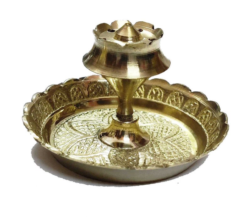 Tip 'n' Top® Brass Agarbatti/Incense Holder with Plate for Ash (Golden) - Image 1