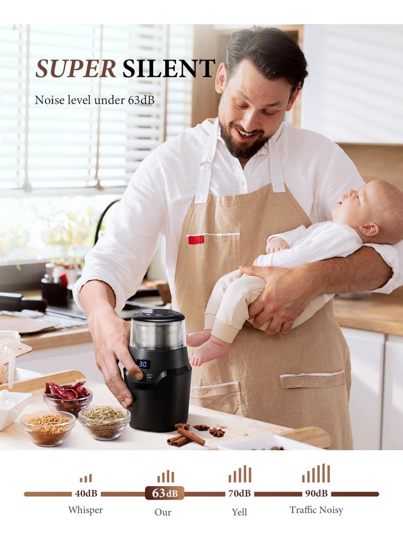 ibsun Adjustable Coffee Grinder Electric, Super Silent Electric Coffee Bean Grinder with Time-Memory Adjustment and Multi-Functional Stainless Steel Cup for Spices, Herbs, and Nuts Grinding  - Image 4