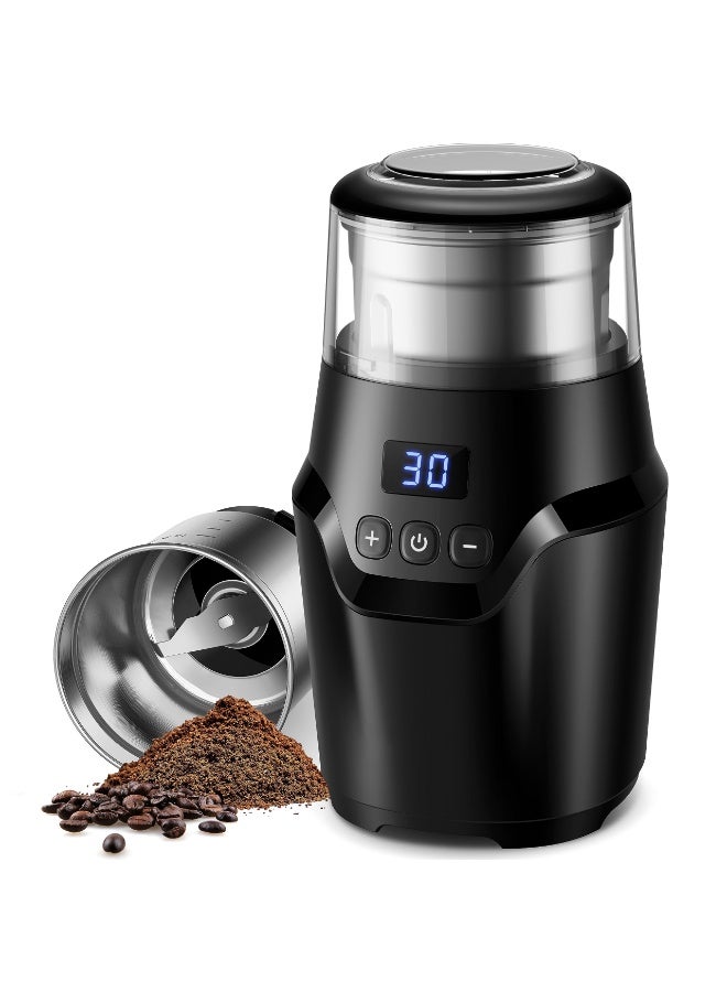 Adjustable Coffee Grinder Electric, Super Silent Electric Coffee Bean Grinder with Time-Memory Adjustment and Multi-Functional Stainless Steel Cup for Spices, Herbs, and Nuts Grinding