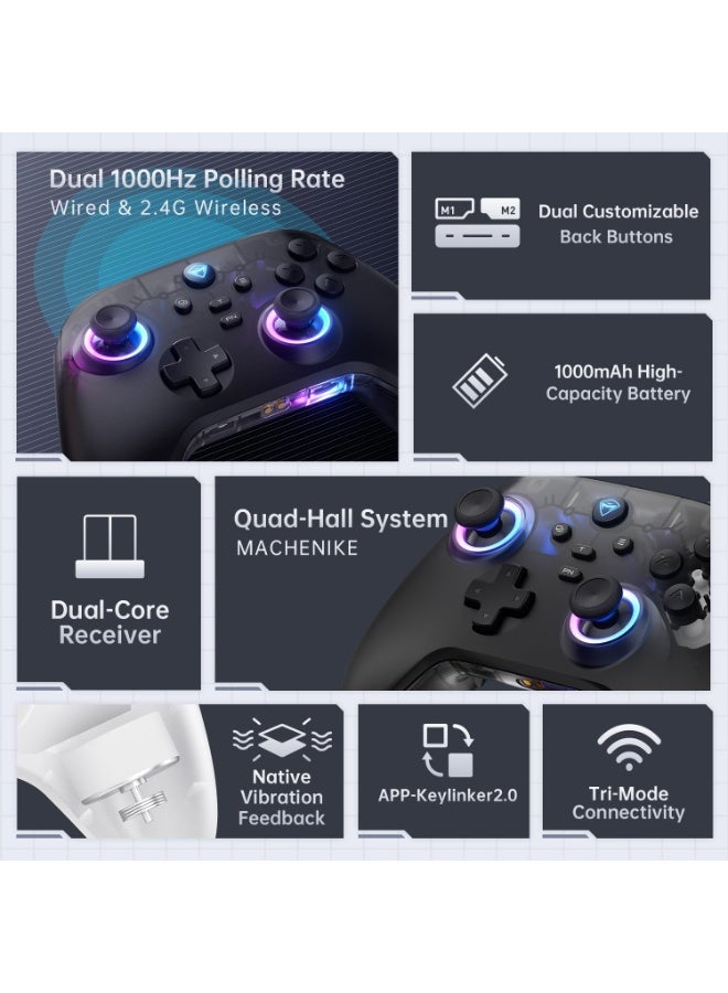 Machenike G3 V2 Bluetooth Controller for Pc/Switch/Ios/Android, Hall Effect Joysticks, RGB Lighting Gaming Controller,2 Programmable Buttons,1000mah Battery With Charging Station, Black - Image 2