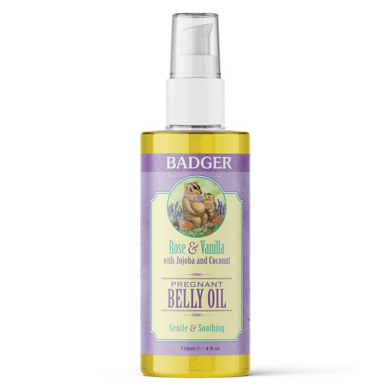 Badger Pregnant Belly Oil, Organic Stretch Mark Oil Soothes & Prevents Stretch Marks, Vegan Hypoallergenic Non-Greasy Pregnancy Belly Oil w/Jojoba, Coconut, Rose & Vanilla, 4 fl oz Glass Bottle