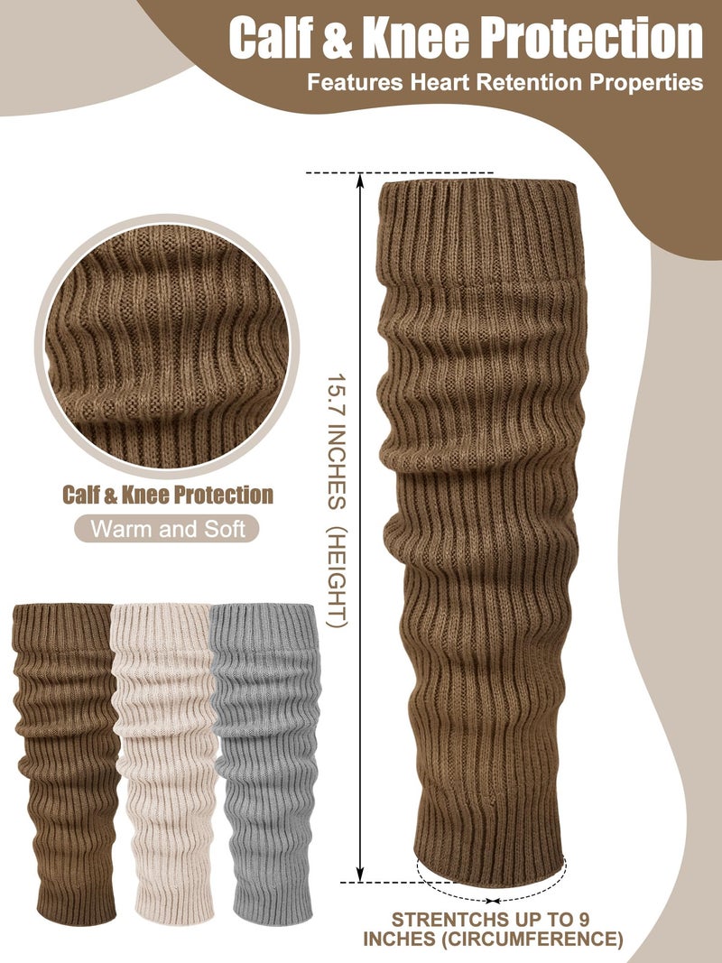 Chuarry 3 Pairs Winter Fleece Lined Leg Warmer for Women Skating Leg Warmer Long Boot Socks for Women Skating Every Day Wear (Vertical Stripes, Beige, Khaki, Gray) - Image 3