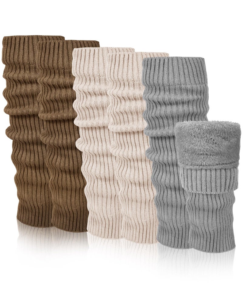 Chuarry 3 Pairs Winter Fleece Lined Leg Warmer for Women Skating Leg Warmer Long Boot Socks for Women Skating Every Day Wear (Vertical Stripes, Beige, Khaki, Gray) - Image 1