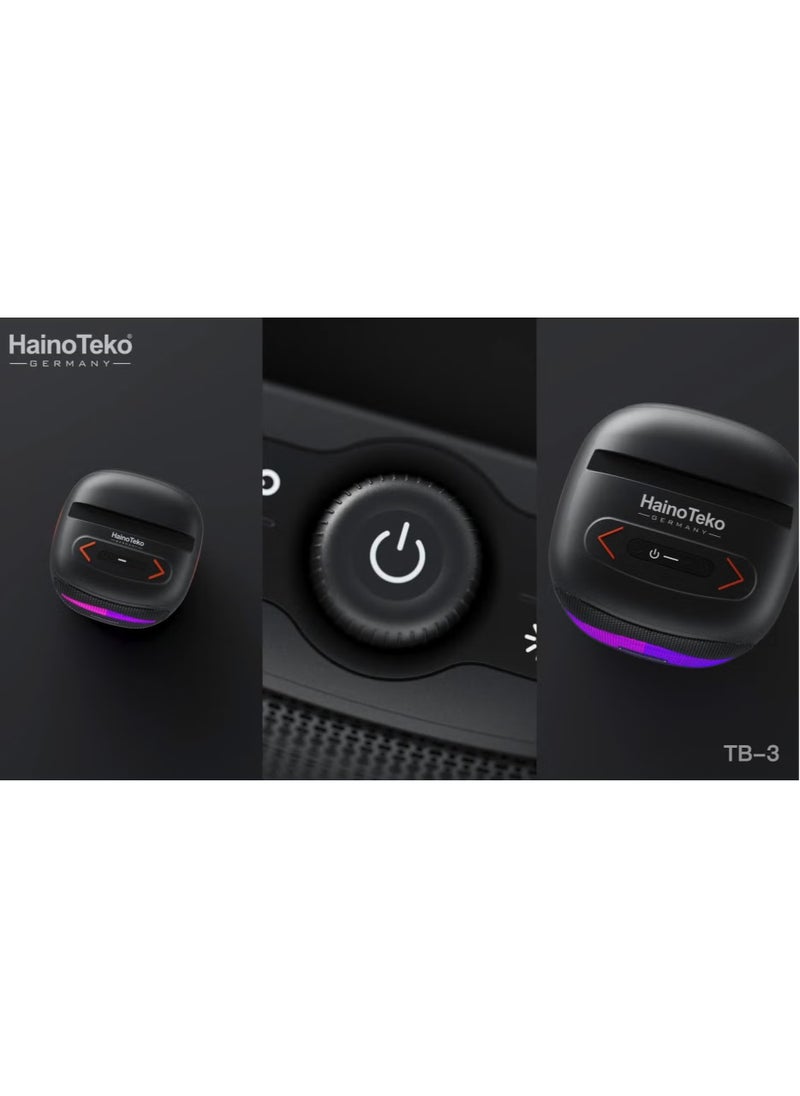 Haino Teko TB-3 Mini Wireless Portable Speaker with RGB Lighting, 10W Output Power, Multi-Functional Button Control, Black – Compact & Powerful Sound  - Image 3
