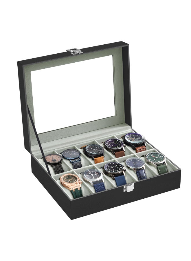 SONGMICS Watch Box with 10 Slots, Watch Case with Glass Lid, Watch Display Box with Removable Watch Pillows, Metal Clasp, Gift Idea, Black Synthetic Leather, Greenish Grey Lining - Image 1