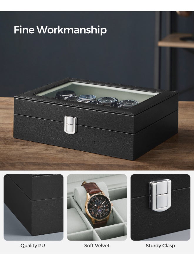 SONGMICS Watch Box with 10 Slots, Watch Case with Glass Lid, Watch Display Box with Removable Watch Pillows, Metal Clasp, Gift Idea, Black Synthetic Leather, Greenish Grey Lining - Image 3