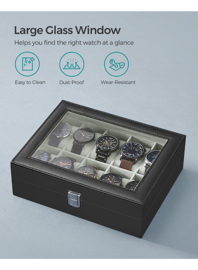 SONGMICS Watch Box with 10 Slots, Watch Case with Glass Lid, Watch Display Box with Removable Watch Pillows, Metal Clasp, Gift Idea, Black Synthetic Leather, Greenish Grey Lining - Image 4