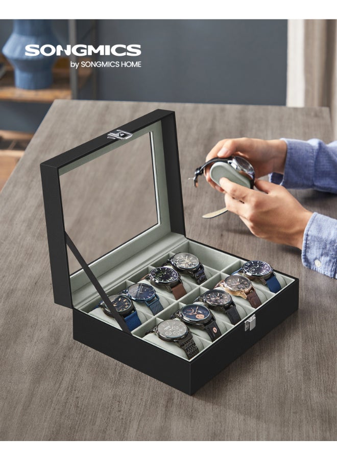 SONGMICS Watch Box with 10 Slots, Watch Case with Glass Lid, Watch Display Box with Removable Watch Pillows, Metal Clasp, Gift Idea, Black Synthetic Leather, Greenish Grey Lining - Image 2