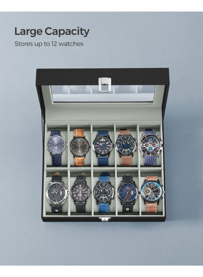 SONGMICS Watch Box with 10 Slots, Watch Case with Glass Lid, Watch Display Box with Removable Watch Pillows, Metal Clasp, Gift Idea, Black Synthetic Leather, Greenish Grey Lining - Image 5