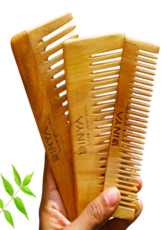 Dinya Wooden Comb Set of 3 for Girls & Babies | Baby Comb for Small, Handle Shampoo Comb, and Medium Shampoo Comb | Natural, Pure Neem Combs, and Gentle Hair Care (3 to 15 Years Old) - Image 1