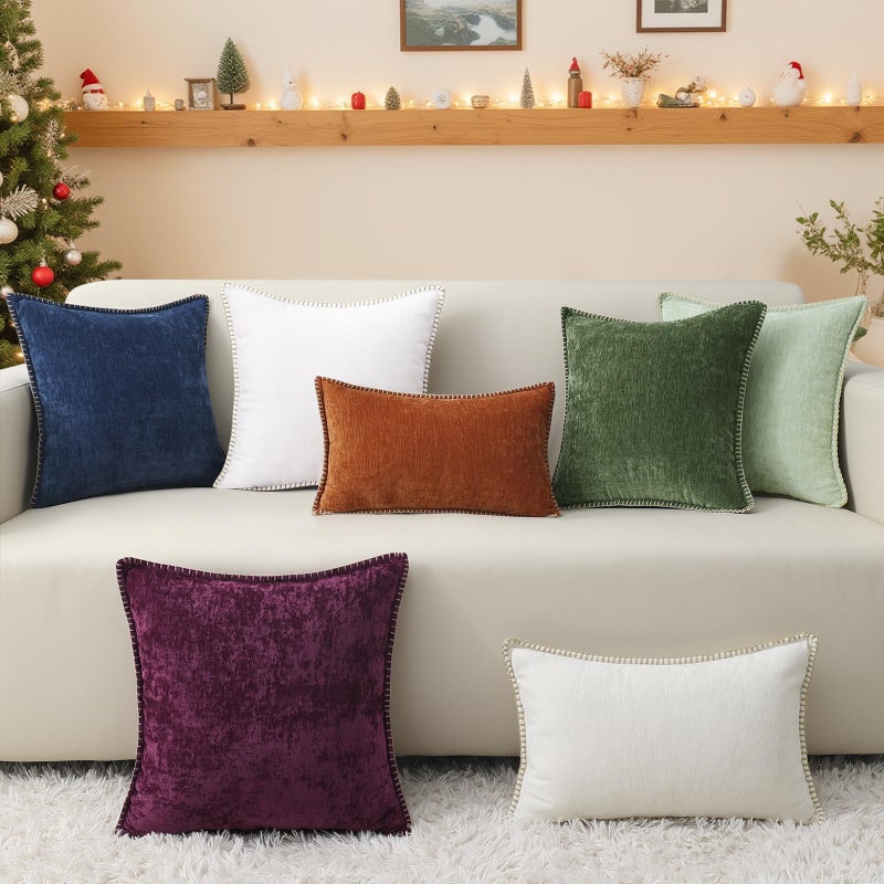 decorUhome Spring Chenille Soft Throw Pillow Covers 18x18 Set of 2, Farmhouse Velvet Neutral Decorative Euro Pillow Covers with Stitched Edge for Couch Sofa Bed Home Decor, Rhododendron - Image 5