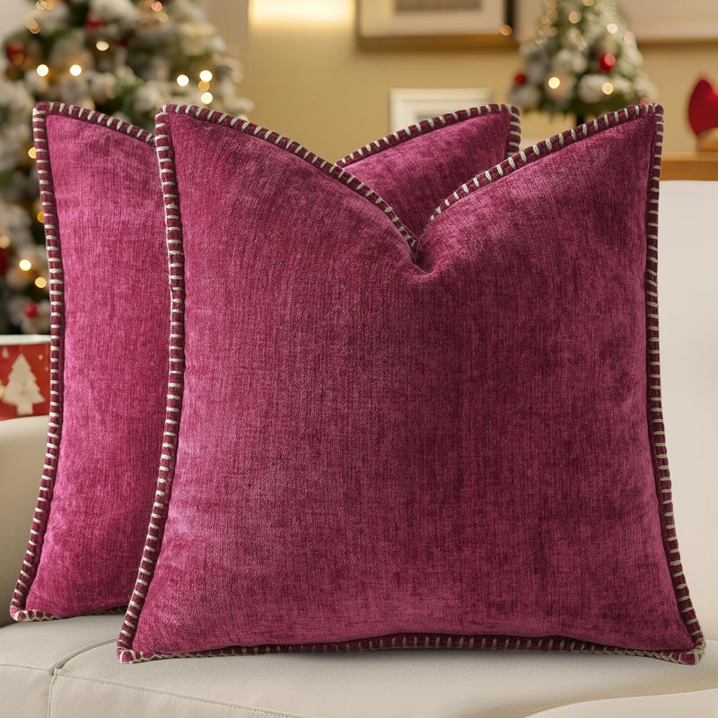 decorUhome Spring Chenille Soft Throw Pillow Covers 18x18 Set of 2, Farmhouse Velvet Neutral Decorative Euro Pillow Covers with Stitched Edge for Couch Sofa Bed Home Decor, Rhododendron - Image 1