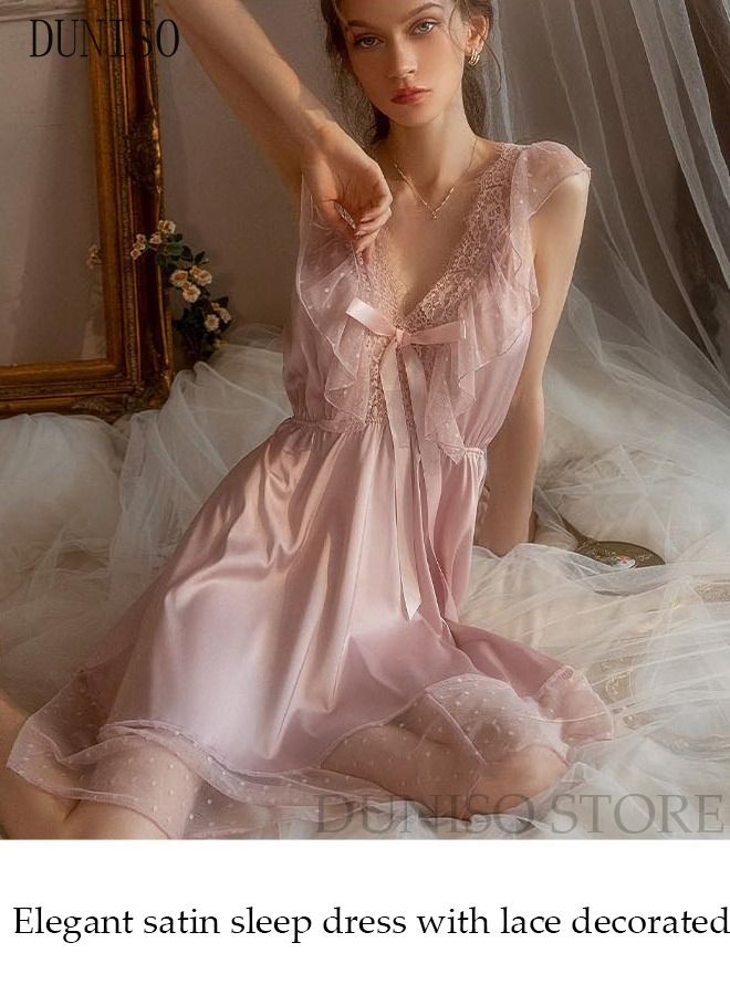 DUNISO Women's Sleeveless Nightgown Sweet Silk Night Dress Lace V neck Pajama Dress Sleepwear Girls Comfortable Nightwear Summer Home Wear Lounge Dress - Image 2