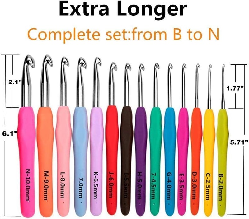 Yarniss طقم إبر كروشيه، 14 حجم طقم كروشيه 2mm(B)-10mm(N)، طقم إبر كروشيه مريح مع حقيبة للمبتدئين، إبر كروشيه طويلة - Image 4