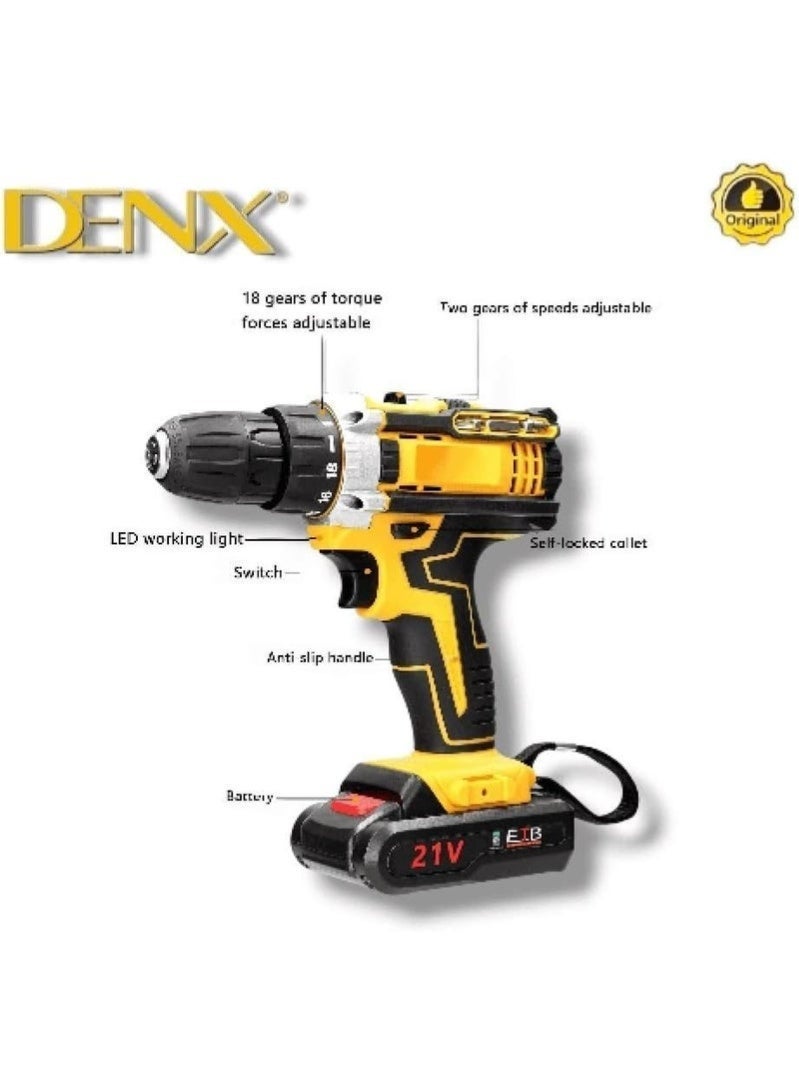 Denx DX2588 Electric Drill Machine, 21V Cordless Power Drill with 3 Modes (Drill/Screwdriver/Impact), 2300RPM Speed, 3x 1300mAh Lithium Batteries, Fast Charging, Ideal for DIY & Home Repair - Image 4