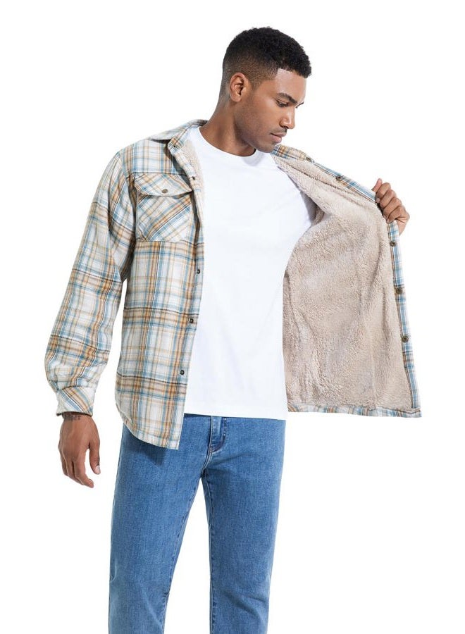 Puwasa Men's Sherpa Lined Cotton Flannel Shirt Jacket Plaid Button Up Jacket Coat for Men with Pocket, Khaki Blue, L - Image 2