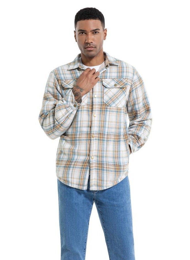 Puwasa Men's Sherpa Lined Cotton Flannel Shirt Jacket Plaid Button Up Jacket Coat for Men with Pocket, Khaki Blue, L - Image 3