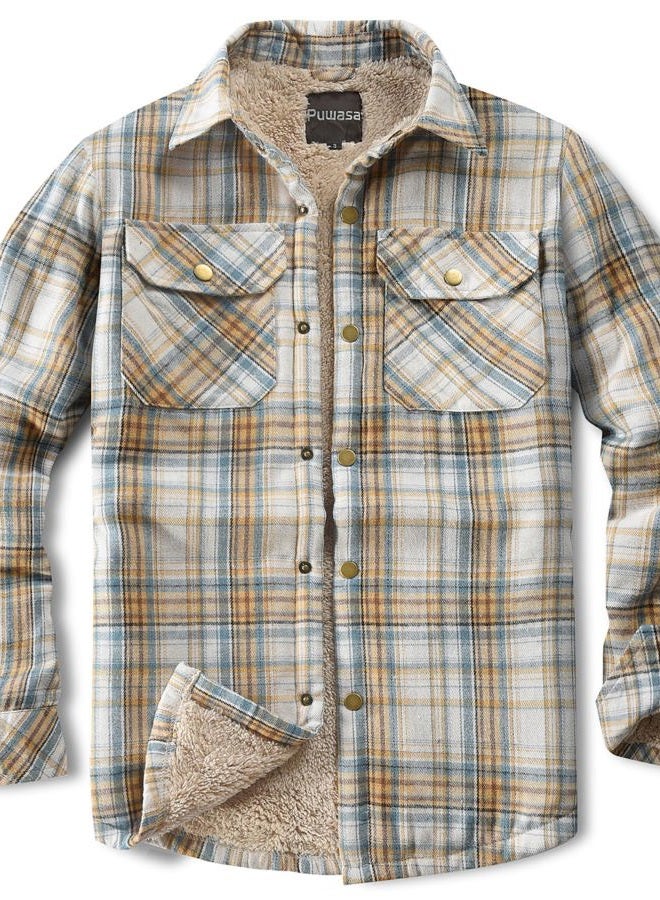 Puwasa Men's Sherpa Lined Cotton Flannel Shirt Jacket Plaid Button Up Jacket Coat for Men with Pocket, Khaki Blue, L - Image 1