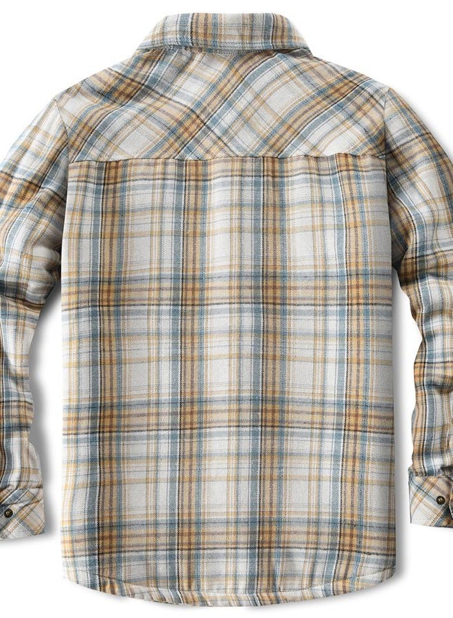 Puwasa Men's Sherpa Lined Cotton Flannel Shirt Jacket Plaid Button Up Jacket Coat for Men with Pocket, Khaki Blue, L - Image 4