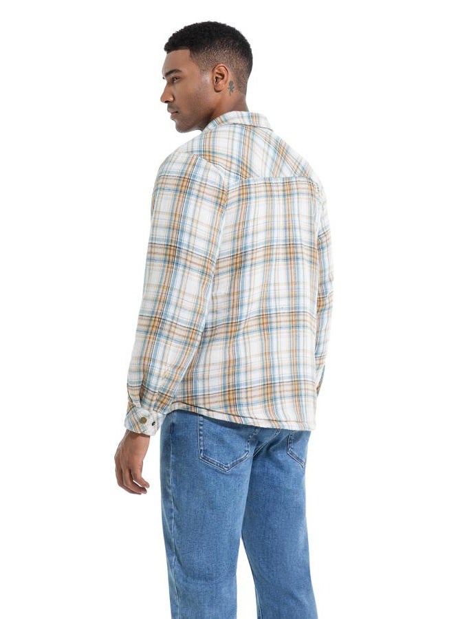 Puwasa Men's Sherpa Lined Cotton Flannel Shirt Jacket Plaid Button Up Jacket Coat for Men with Pocket, Khaki Blue, L - Image 5