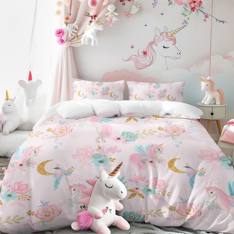 BEDMUST Unicorn Girls Bedding Set Queen  Soft Cute Pink Unicorn Duvet Cover Sets with Flowers and Gold Moon Print Comforter Cover 3 Piece Unicorn Bed Set Room Decor for Teen Women Aldults