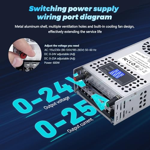 BOSYTRO 24V Adjustable dc Power Supply 600W,Switching Power Supply AC 110V/220V to DC 0-24V DC Converter with LED Digital Display, 5V 10V 12V 24V Buck Converter for 3D Printer,CCTV Computer Lab - Image 4
