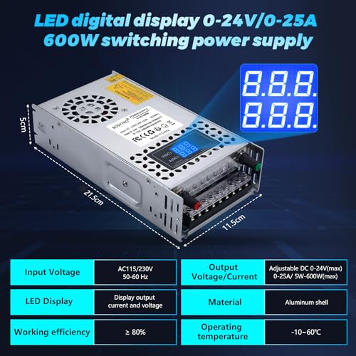 BOSYTRO 24V Adjustable dc Power Supply 600W,Switching Power Supply AC 110V/220V to DC 0-24V DC Converter with LED Digital Display, 5V 10V 12V 24V Buck Converter for 3D Printer,CCTV Computer Lab - Image 2