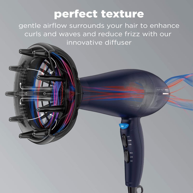 CONAIR INFINITI PRO CONAIR Hair Dryer with Innovative Diffuser, Enhances Curls and Waves While Reducing Frizz, Dark Blue - Image 2