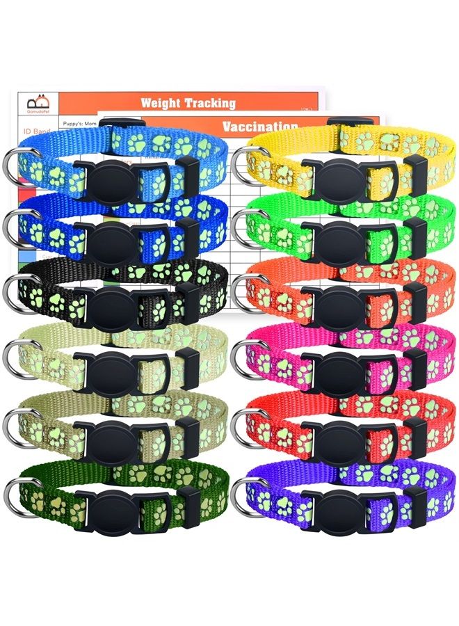 GAMUDA 12Pcs Reflective Puppy Collars, Soft Nylon Whelping Collars, Identification Collars Glow in The Dark, Adjustable Breakaway Litter Collars with 2 Record Keeping Charts (Reflective, M) - Image 1