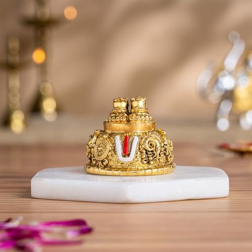 Svastika Lord Balaji Charan for Pooja Room & Car Dashboard | 24K Antique Gold Finish Venkateswara Feet with Shanku & Chakra Namam | Divine Blessings from Tirupati | 2 Inch Polyresin Sculpture - Image 1