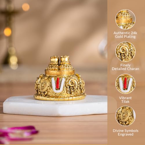 Svastika Lord Balaji Charan for Pooja Room & Car Dashboard | 24K Antique Gold Finish Venkateswara Feet with Shanku & Chakra Namam | Divine Blessings from Tirupati | 2 Inch Polyresin Sculpture - Image 3