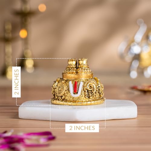 Svastika Lord Balaji Charan for Pooja Room & Car Dashboard | 24K Antique Gold Finish Venkateswara Feet with Shanku & Chakra Namam | Divine Blessings from Tirupati | 2 Inch Polyresin Sculpture - Image 2