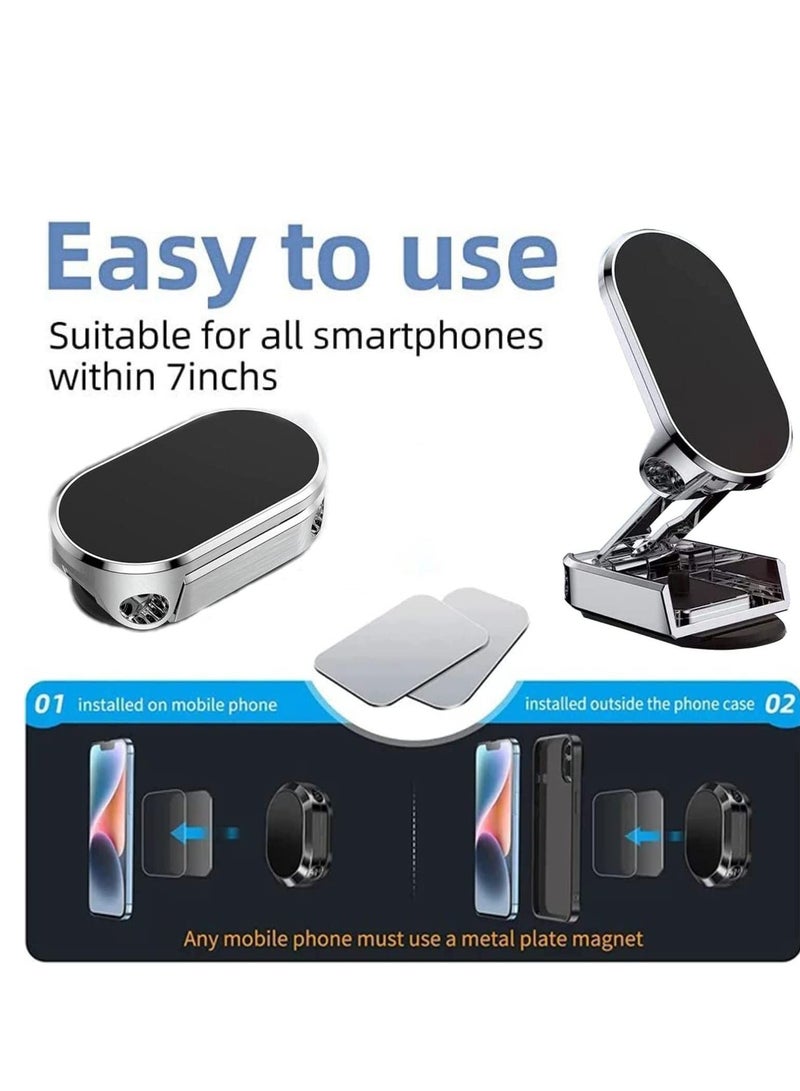 حامل هاتف مغناطيسي قابل للطي، 【مغناطيس قوي】【مع لوحتين معدنيتين】 حامل هاتف مغناطيسي للسيارة، 【دوران ٣٦٠ درجة】 حامل لوحة القيادة العالمية مناسب لآيفون، سامسونغ والهواتف الأخرى (فضي) - Image 2