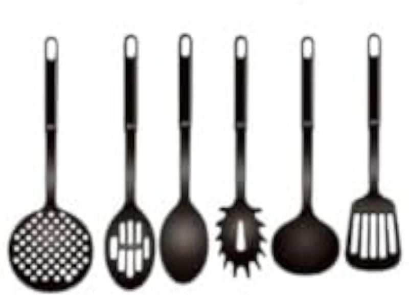 Kitchen Utensil Set, 6-Piece Nylon Cooking Tools, Black, Includes Skimmer, Slotted Spoon, Serving Spoon, Pasta Server, Ladle, Spatula