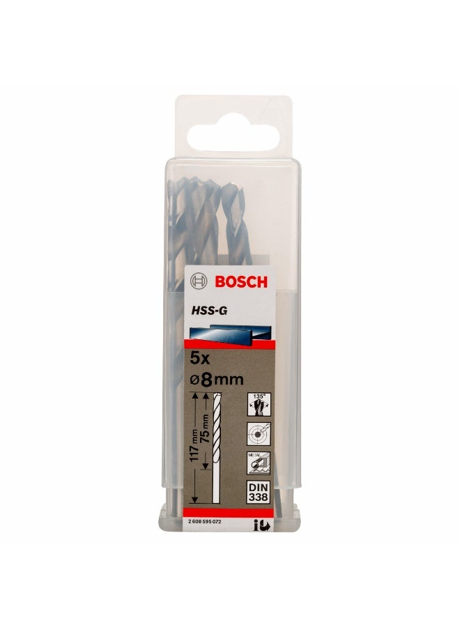 Bosch 2-608-595-072 8mm HSS-G Metal Drill Bits DIN 338 75mm Working Length 5 pcs. - Image 2