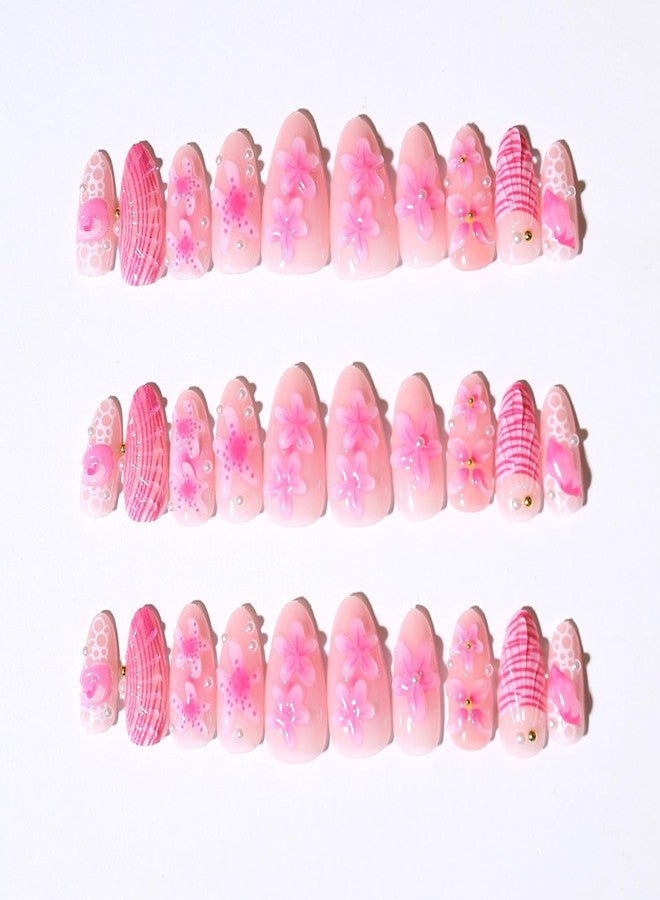 KZBTRBT 30Pcs Flower Press on Nails Medium Almond Fake Nails with 3D Pearl Floral Designs Pink False Nails Stick on Nail Summer Ocean Beach Acrylic Nails Flowers and Pearls Glue on Nail for Women - Image 2