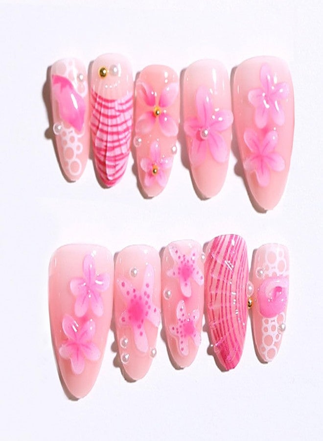 KZBTRBT 30Pcs Flower Press on Nails Medium Almond Fake Nails with 3D Pearl Floral Designs Pink False Nails Stick on Nail Summer Ocean Beach Acrylic Nails Flowers and Pearls Glue on Nail for Women - Image 1