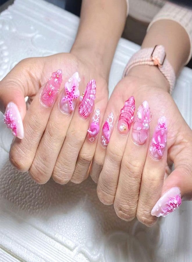 KZBTRBT 30Pcs Flower Press on Nails Medium Almond Fake Nails with 3D Pearl Floral Designs Pink False Nails Stick on Nail Summer Ocean Beach Acrylic Nails Flowers and Pearls Glue on Nail for Women - Image 4