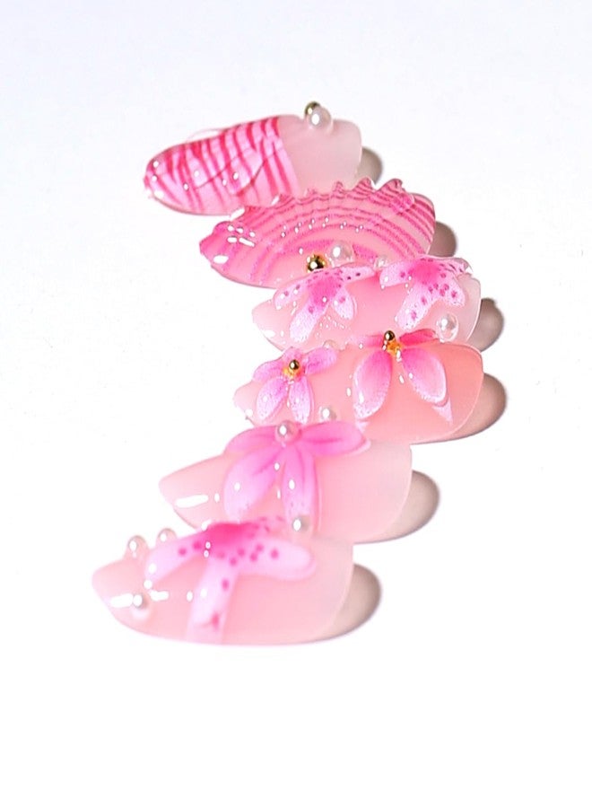 KZBTRBT 30Pcs Flower Press on Nails Medium Almond Fake Nails with 3D Pearl Floral Designs Pink False Nails Stick on Nail Summer Ocean Beach Acrylic Nails Flowers and Pearls Glue on Nail for Women - Image 3