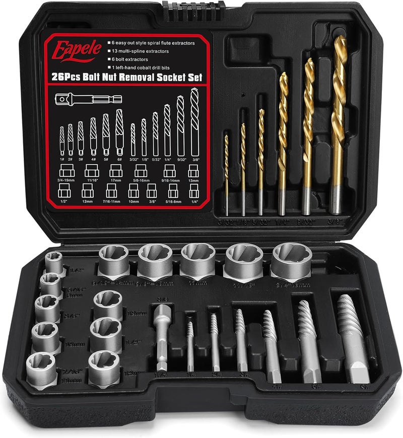 Eapele Bolt Extractor Set, Stripped Nut Remover Twist Sockets, Fit 3/8" Square Drive with Solid Storage Case(26pcs, Black) - Image 1