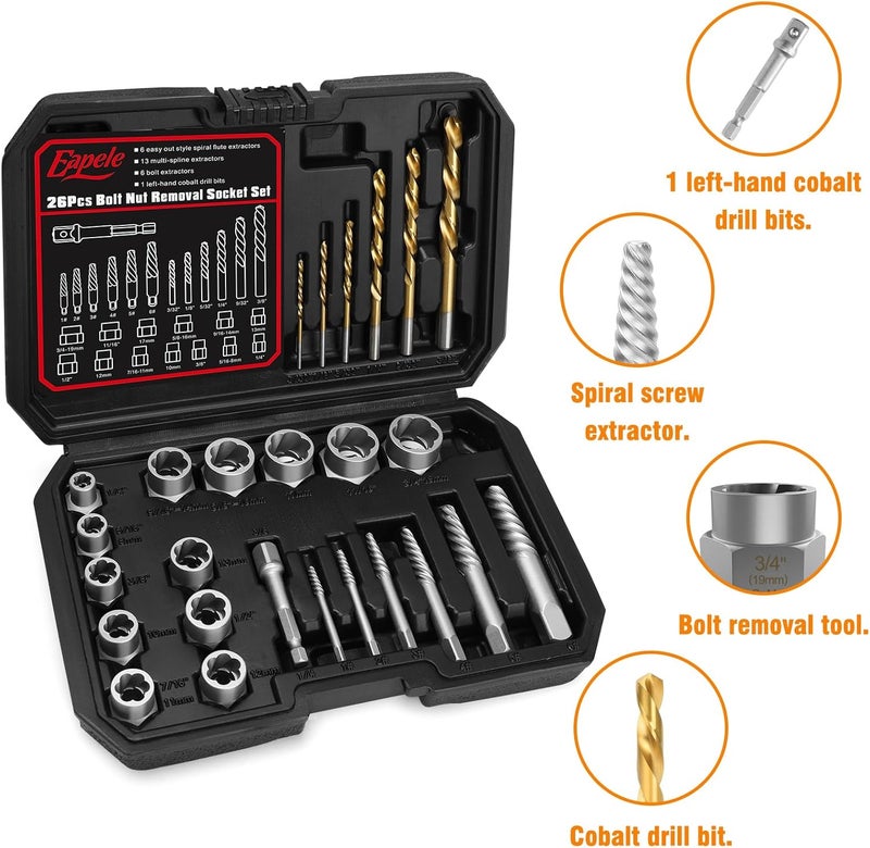Eapele Bolt Extractor Set, Stripped Nut Remover Twist Sockets, Fit 3/8" Square Drive with Solid Storage Case(26pcs, Black) - Image 4