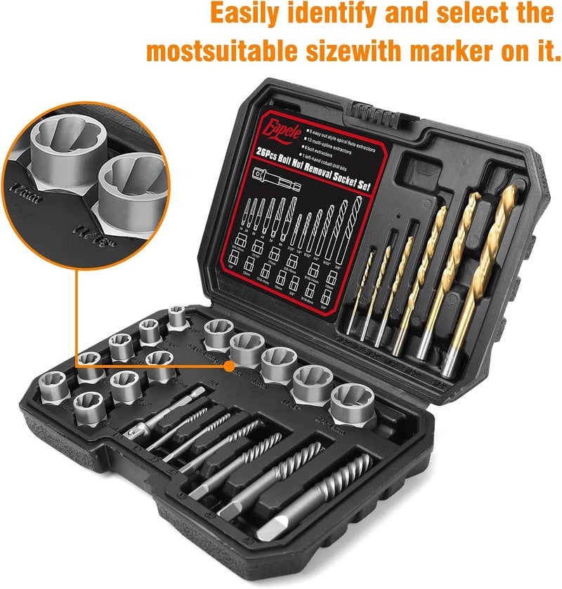 Eapele Bolt Extractor Set, Stripped Nut Remover Twist Sockets, Fit 3/8" Square Drive with Solid Storage Case(26pcs, Black) - Image 5