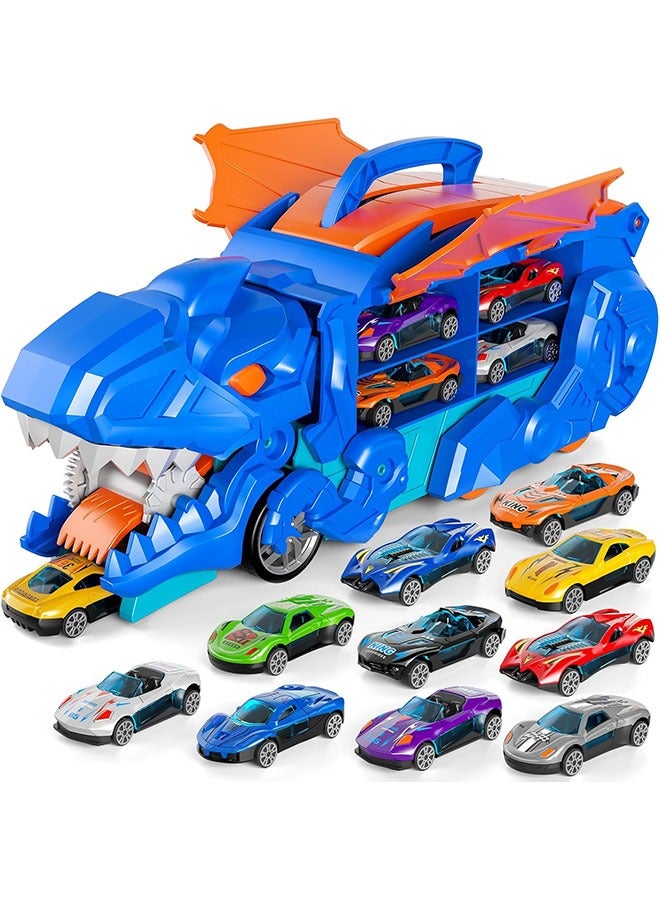 YelaJoy Toddler Truck Toys for 3+Years Old Boys, Toys Cars Track Set Dinosaur Transporter Truck with 10 Die-Cast Car Toys, Transforms into Dino, Toddler Car Toys Set for Kids Boys Girls - Image 1