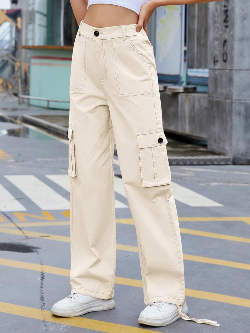 ZMPSIISA Women High Waisted Cargo Pants Wide Leg Casual Pants 6 Pockets Combat Military Trousers(Beige,X-Small) - Image 2