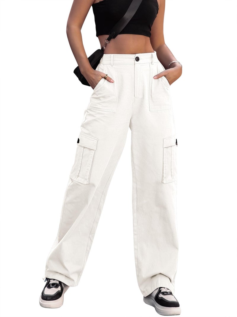 ZMPSIISA Women High Waisted Cargo Pants Wide Leg Casual Pants 6 Pockets Combat Military Trousers(Beige,X-Small) - Image 5