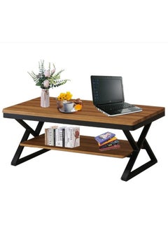 AGD Coffee Table Modern 2-Tier Design Center  with Legs, Durable Metal Frame and Wooden Top 110x60x48 cm Brown  - Image 1